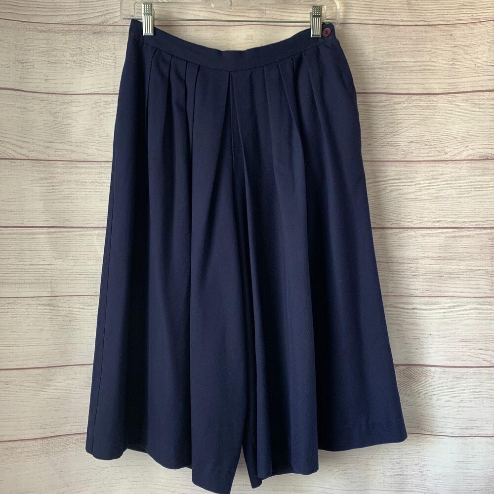 Vintage Paquette Navy Blue Wide Leg Culottes Midi Shorts Pleated High Waist